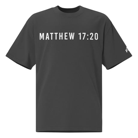 Black t-shirt with 'MATTHEW 17:20' printed on a white background