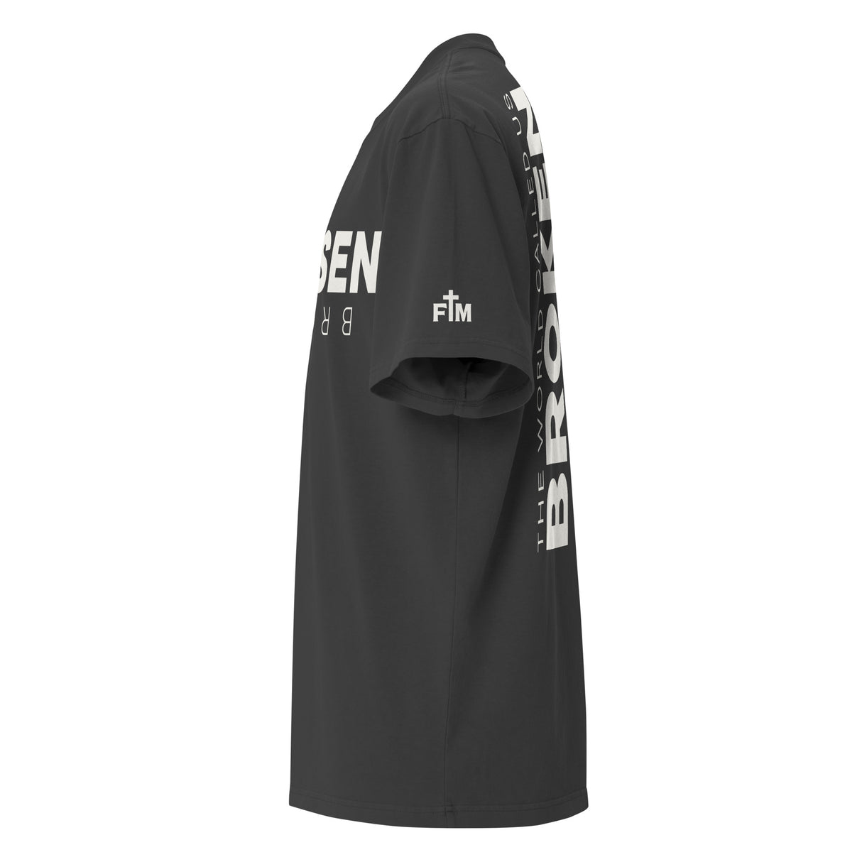 Black t-shirt with white text on a white background