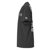 Black t-shirt with white text and logos on a white background