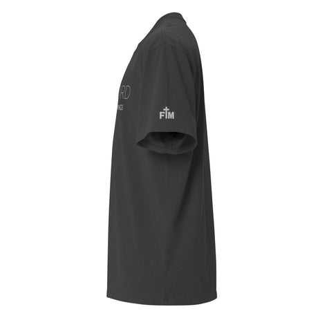 Black t-shirt with white text and logos on a white background