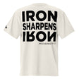 White t-shirt with black text "Iron Sharpens Iron" on the back on a white background