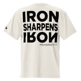 White t-shirt with black text "Iron Sharpens Iron" on the back on a white background