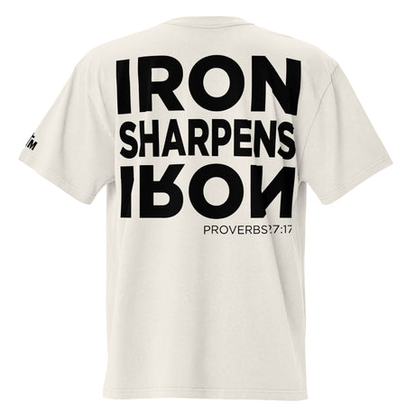 White t-shirt with black text "Iron Sharpens Iron" on the back on a white background