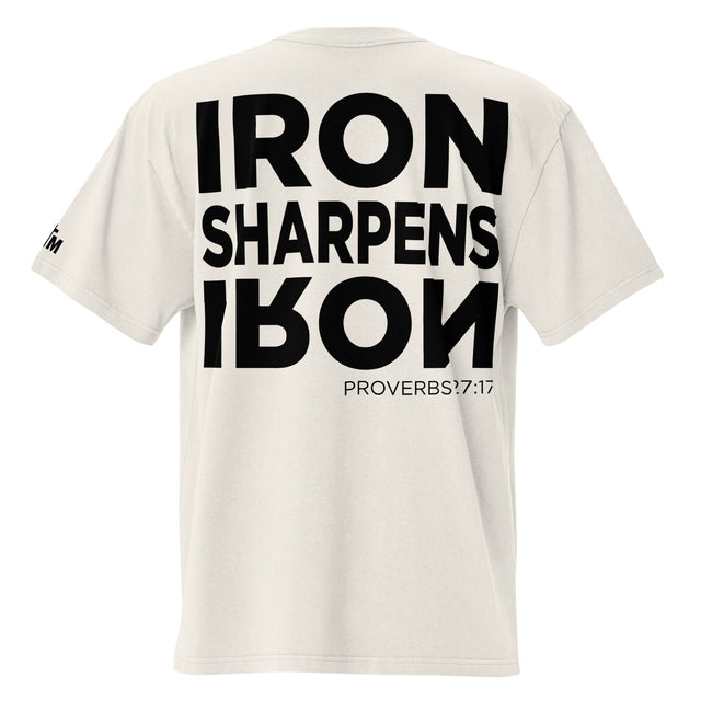 White t-shirt with black text "Iron Sharpens Iron" on the back on a white background