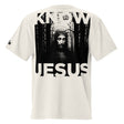 White t-shirt with a graphic of a bearded figure in a forest and 'Knew Jesus' text on the back.
