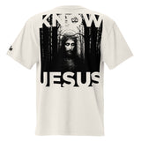 White t-shirt with a graphic of a bearded figure in a forest and 'Knew Jesus' text on the back.