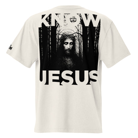 White t-shirt with a graphic of a bearded figure in a forest and 'Knew Jesus' text on the back.