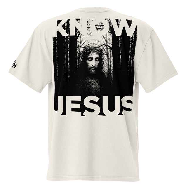 White t-shirt with a graphic of a bearded figure in a forest and 'Knew Jesus' text on the back.