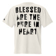White t-shirt with black text 'BLESSED ARE THE PURE IN HEART' on a white background