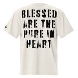 White t-shirt with black text 'BLESSED ARE THE PURE IN HEART' on a white background