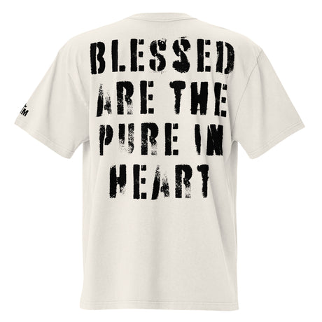White t-shirt with black text 'BLESSED ARE THE PURE IN HEART' on a white background