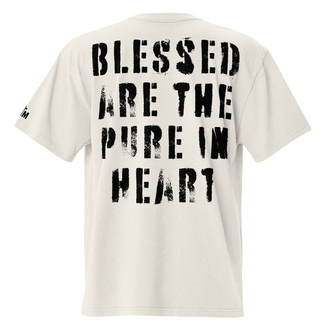 White t-shirt with black text 'BLESSED ARE THE PURE IN HEART' on a white background