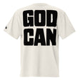 White t-shirt with 'GOD CAN' printed on the back against a white background