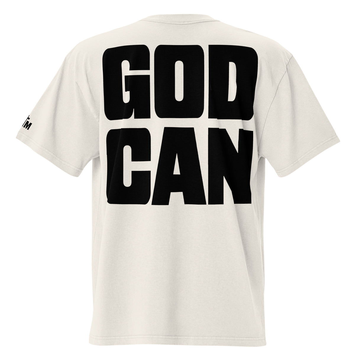 White t-shirt with 'GOD CAN' printed on the back against a white background