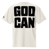 White t-shirt with 'GOD CAN' printed on the back against a white background