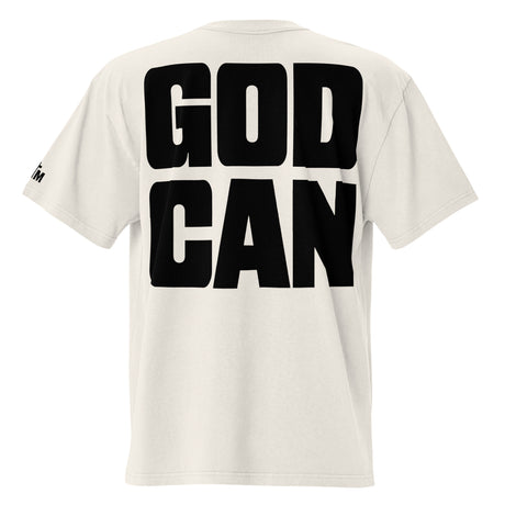 White t-shirt with 'GOD CAN' printed on the back against a white background
