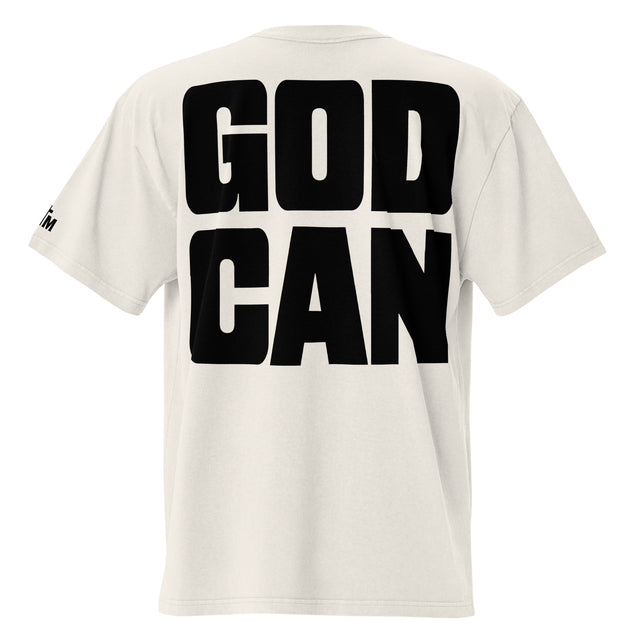 White t-shirt with 'GOD CAN' printed on the back against a white background