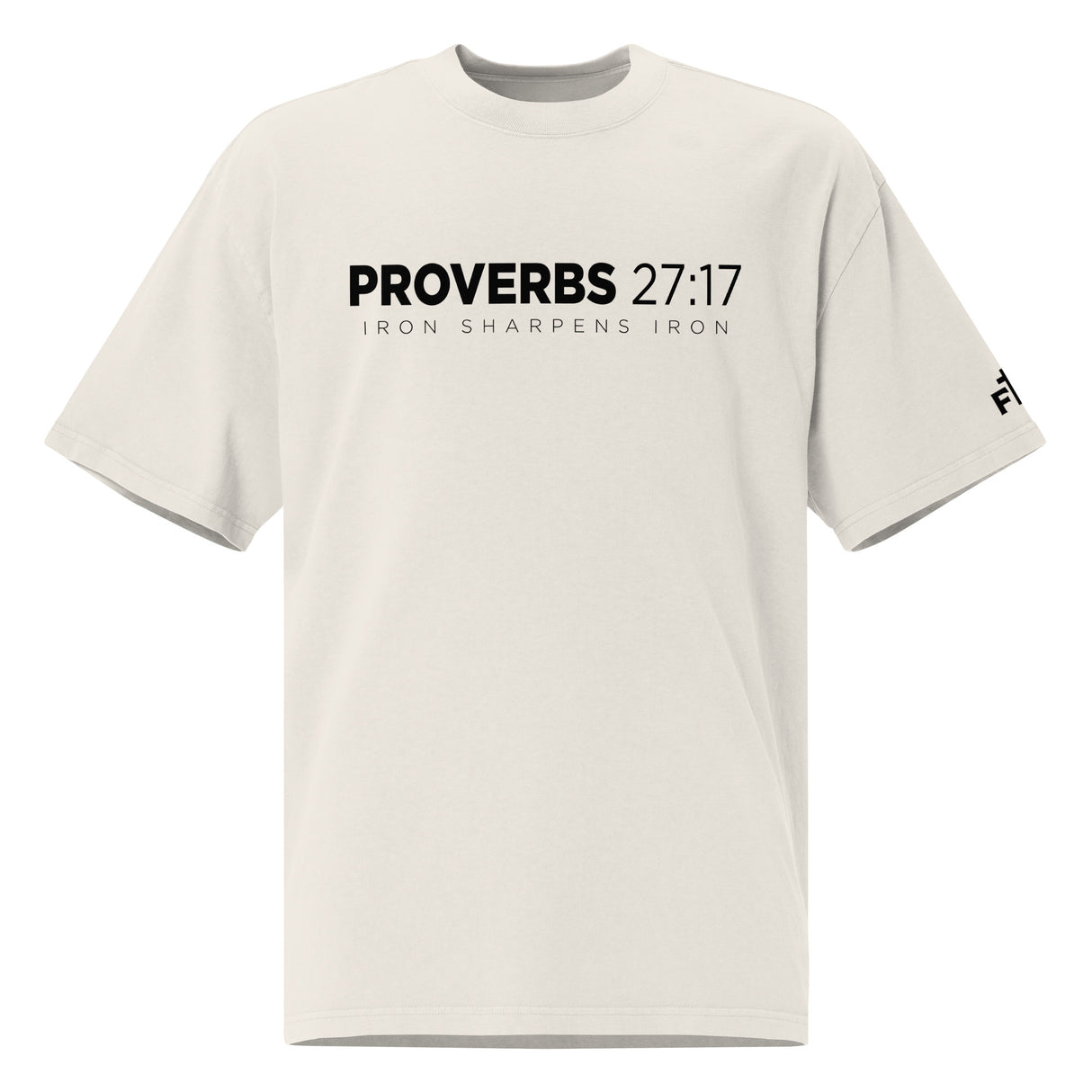 White t-shirt with black text 'PROVERBS 27:17' on a white background