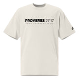 White t-shirt with black text 'PROVERBS 27:17' on a white background