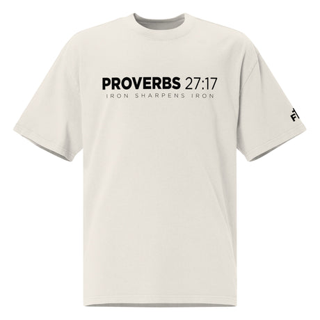 White t-shirt with black text 'PROVERBS 27:17' on a white background