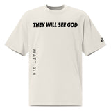 White t-shirt with black text on a white background