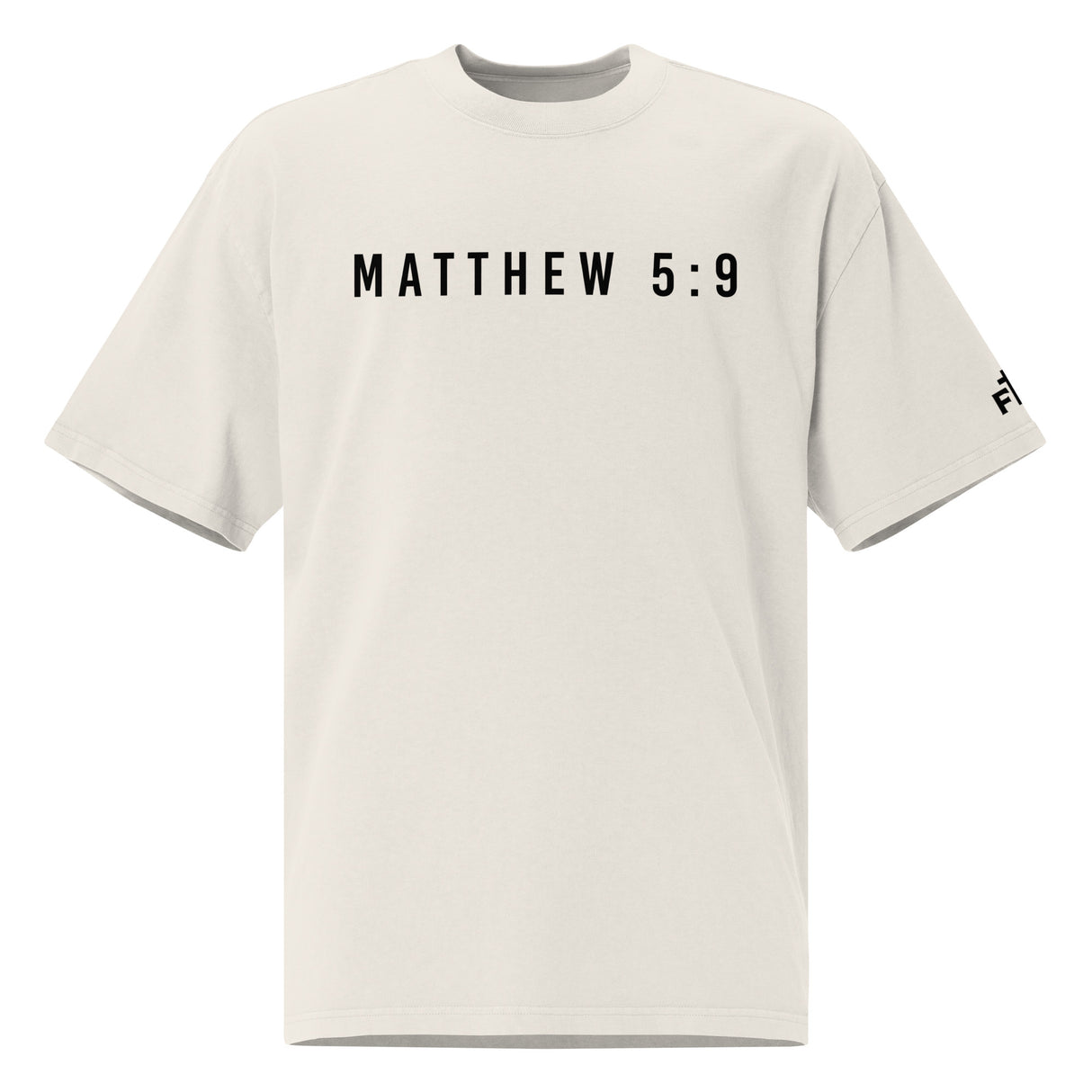 White t-shirt with 'MATTHEW 5:9' printed on a white background