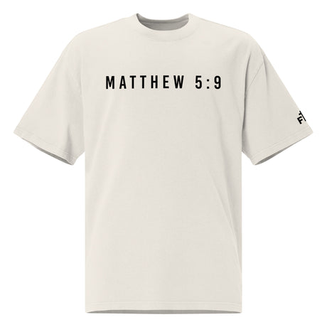 White t-shirt with 'MATTHEW 5:9' printed on a white background