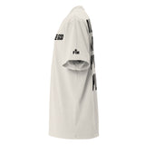 White shirt with black text and logos on a white background