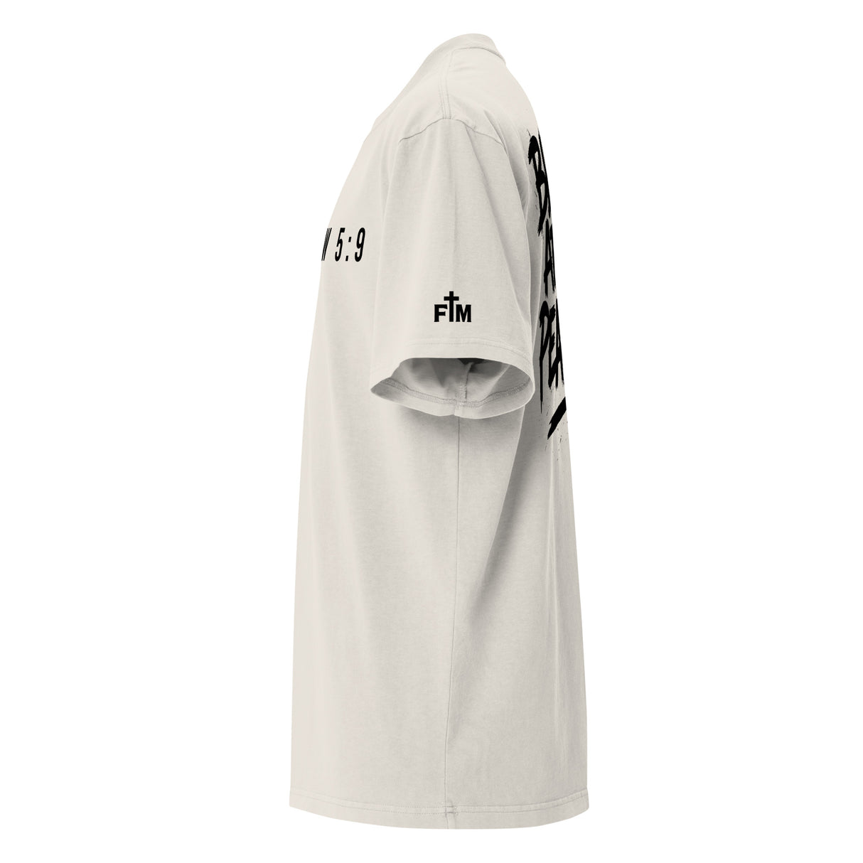 White t-shirt with black text and logos on a white background