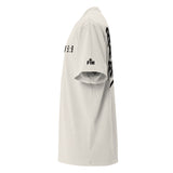 White t-shirt with black text and logos on a white background