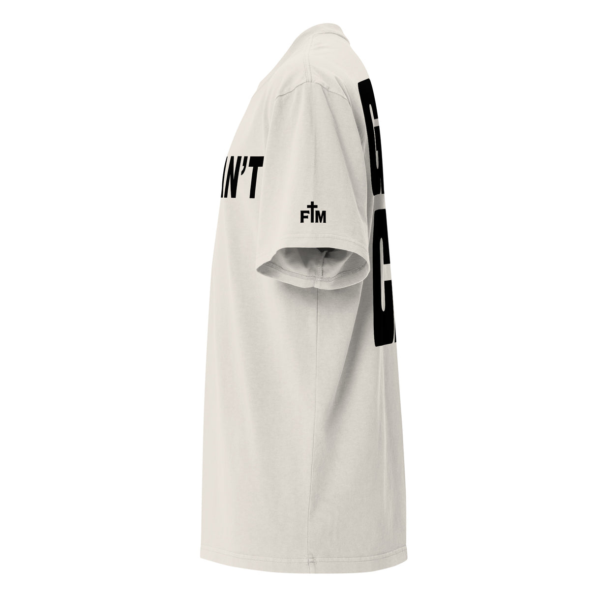 White shirt with black text on a white background