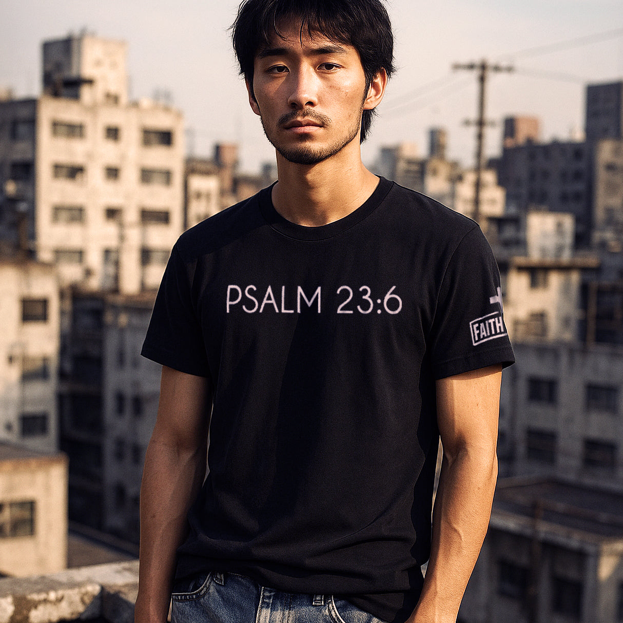 Man wearing Faith Mode's Psalm 23:6 Premium Ringspun Cotton Shirt