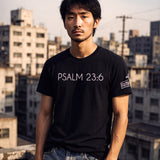 Man wearing Faith Mode's Psalm 23:6 Premium Ringspun Cotton Shirt
