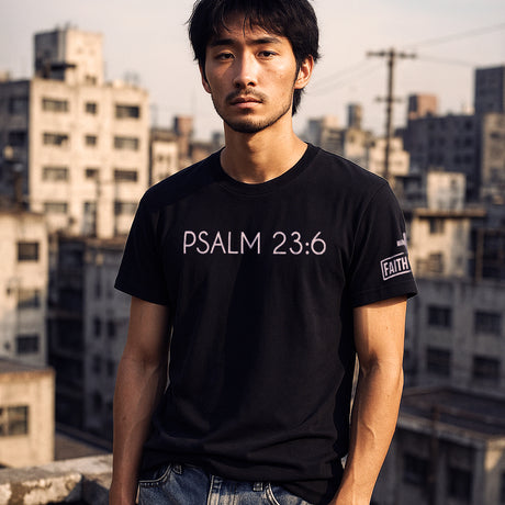 Man wearing Faith Mode's Psalm 23:6 Premium Ringspun Cotton Shirt