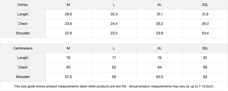 Size chart for clothing measurements in inches and centimeters.