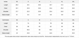 Measurement chart comparing inches and centimeters for XS to 2XL sizes.
