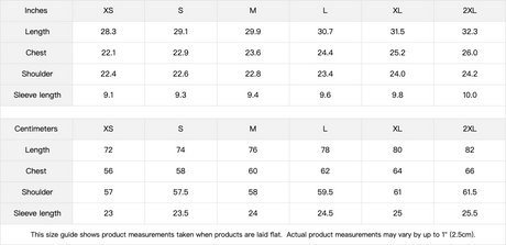 Sizing chart expressing values in inches and centimeters