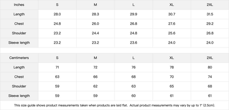 Size chart for clothing measurements in both inches and centimeters.