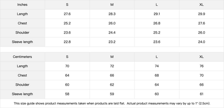 Size chart for clothing measurements in inches and centimeters with corresponding S, M, L, and XL sizes.