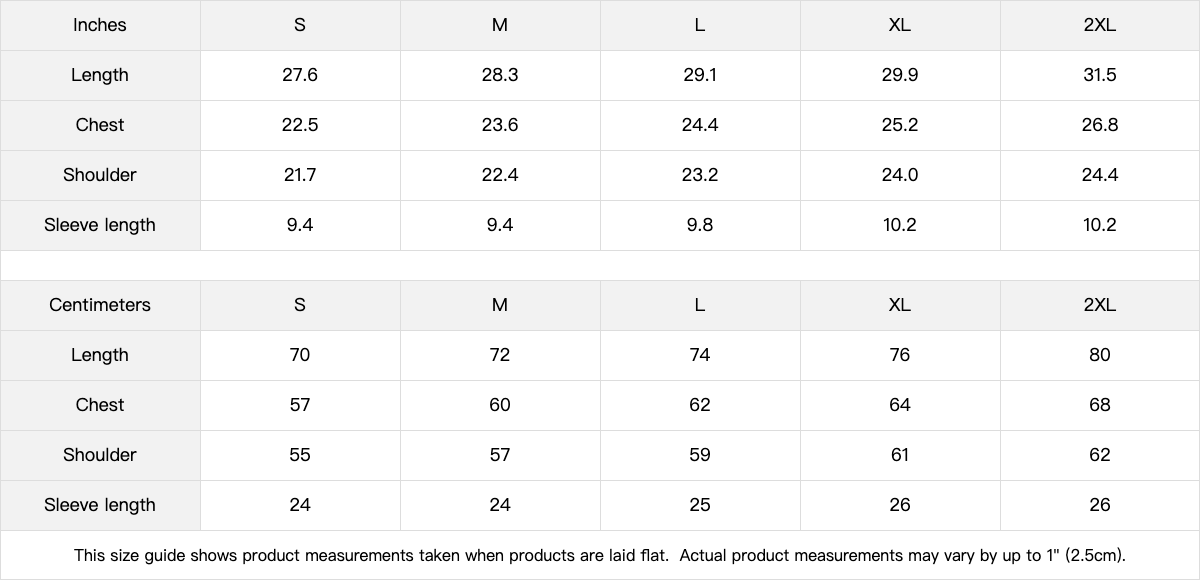 Size chart for clothing measurements in both inches and centimeters.