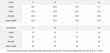 Size chart for clothing measurements in inches and centimeters with corresponding S, M, L, XL sizes.