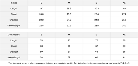 Size chart for clothing measurements in inches and centimeters with corresponding S, M, L, XL sizes.