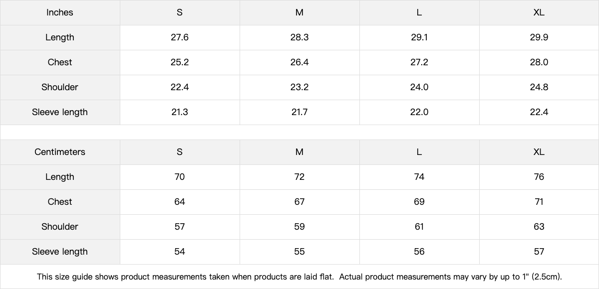 Size chart comparing inches and centimeters for clothing measurements.