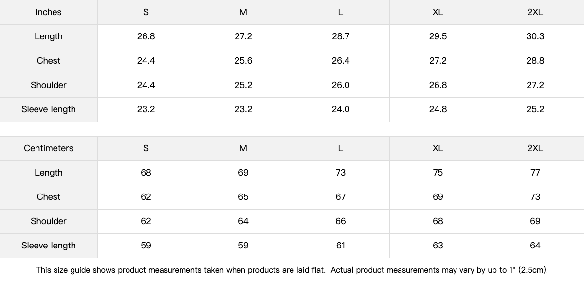 Size chart for clothing measurements in both inches and centimeters.