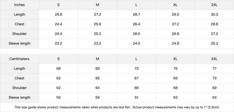 Size chart for clothing measurements in both inches and centimeters.