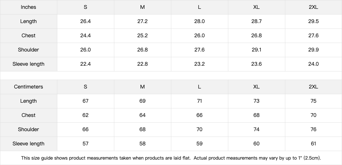 Measurement chart for clothing sizes in both inches and centimeters.