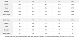 Measurement chart for clothing sizes in both inches and centimeters.