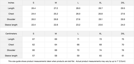 Measurement chart for clothing sizes in both inches and centimeters.