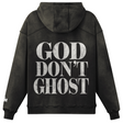 Black hoodie with 'GOD DON'T GHOST' text on the back against a white background