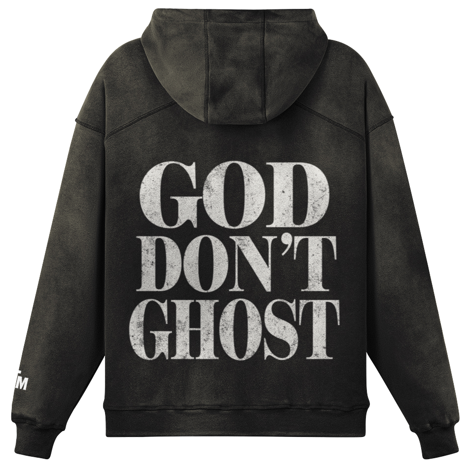 Black hoodie with 'GOD DON'T GHOST' text on the back against a white background